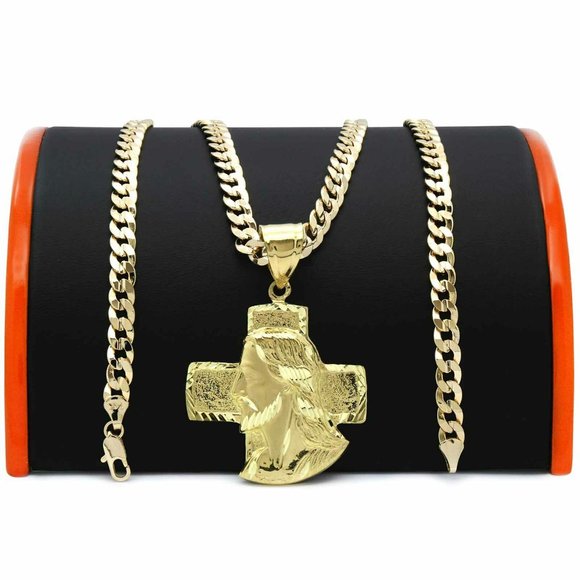 18k Gold Jesus 24" Cuban Chain + Pendant - Picture 1 of 6